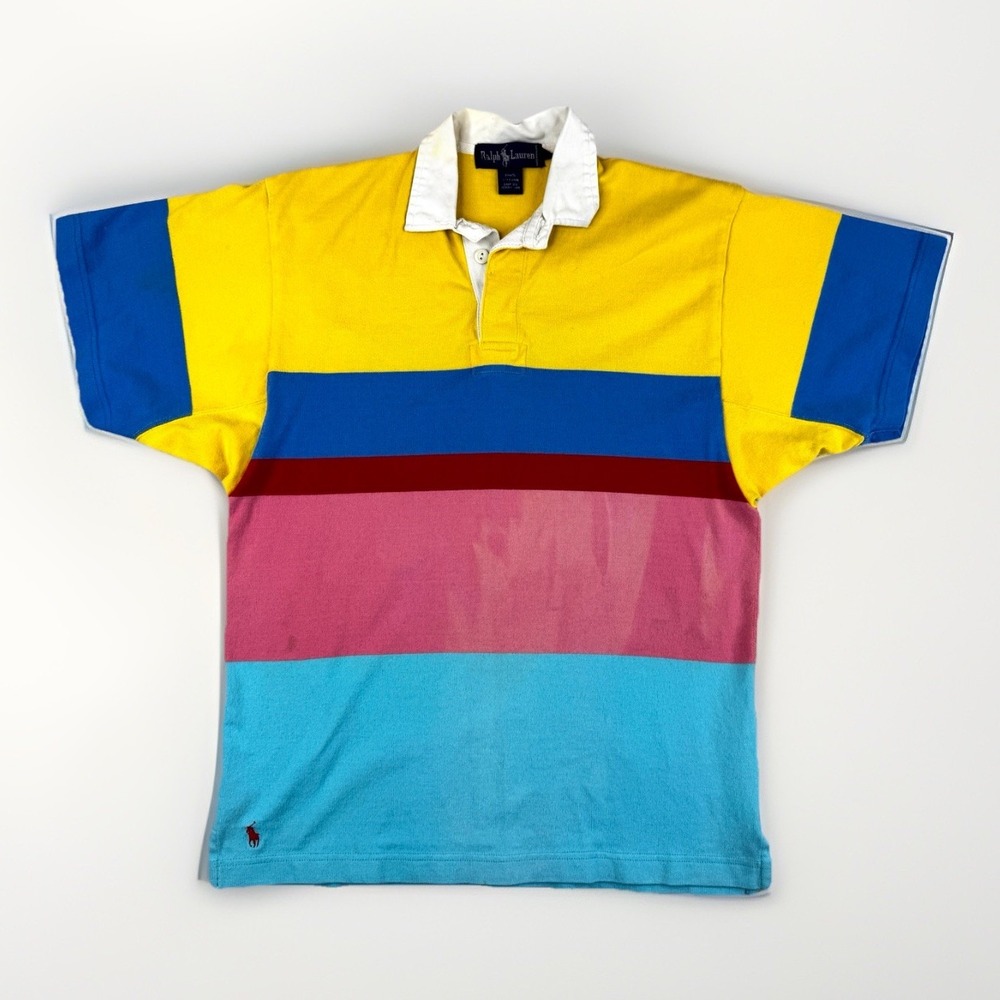 Vintage Ralph Lauren Rugby Polo M Stripe Rare Color Way Short Sleeve Preppy READ